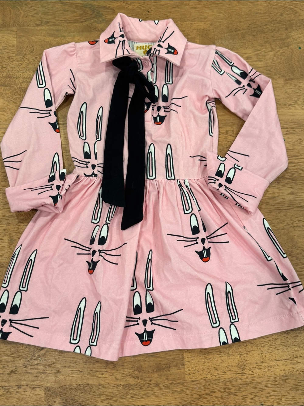 Hugo Loves Tiki Dress Girls 18-24 Months Pink Bunny Long Sleeve Neck Tie
